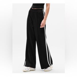 Athleta Black Wide-Leg Track Pants with White Side Stripes